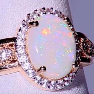 9 KT Solid Gold Coober Pedy Opal & White Zircon Ring